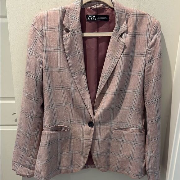 Zara Pink Plaid Blazer Linen Blend Notched Lapels size 8 - Picture 1 of 9